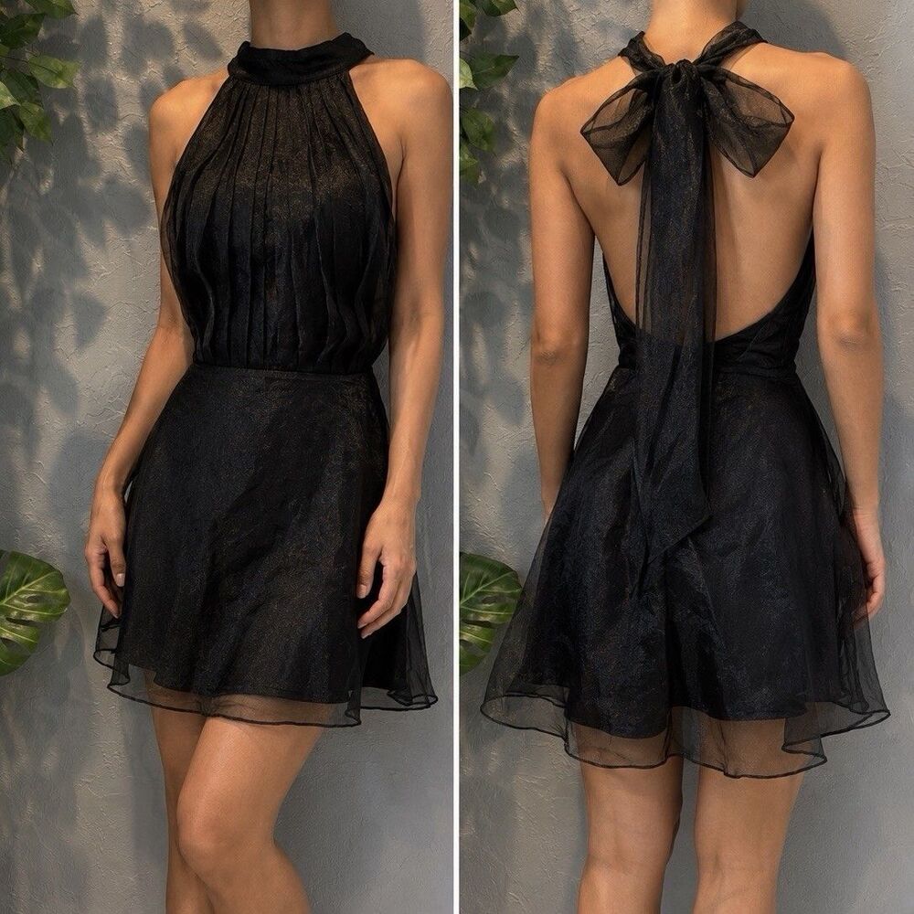 Lovers and Friends Black Organza Halter Mini Dress Open Back Bow S Coquette Goth